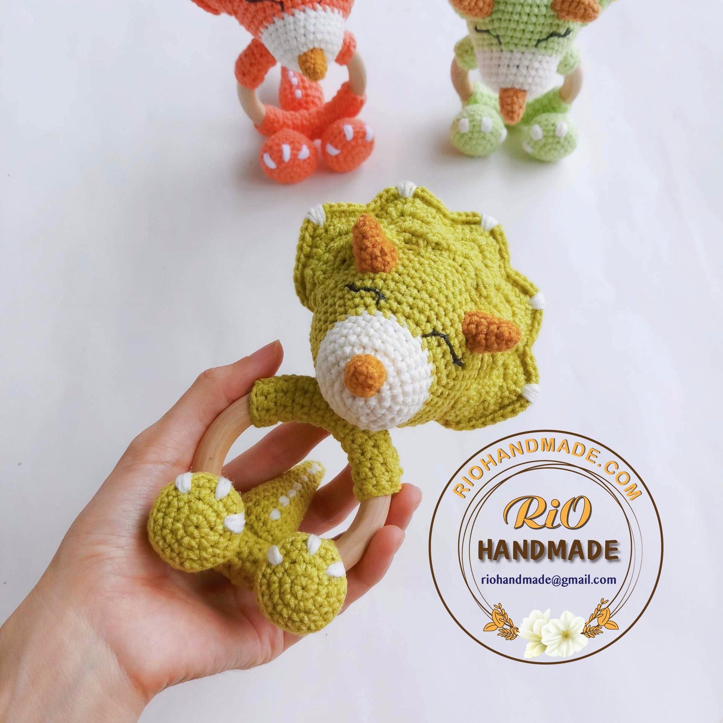 Crochet Triceratops rattle, Baby Crochet Rattle Gift, Baby Shower Gift
