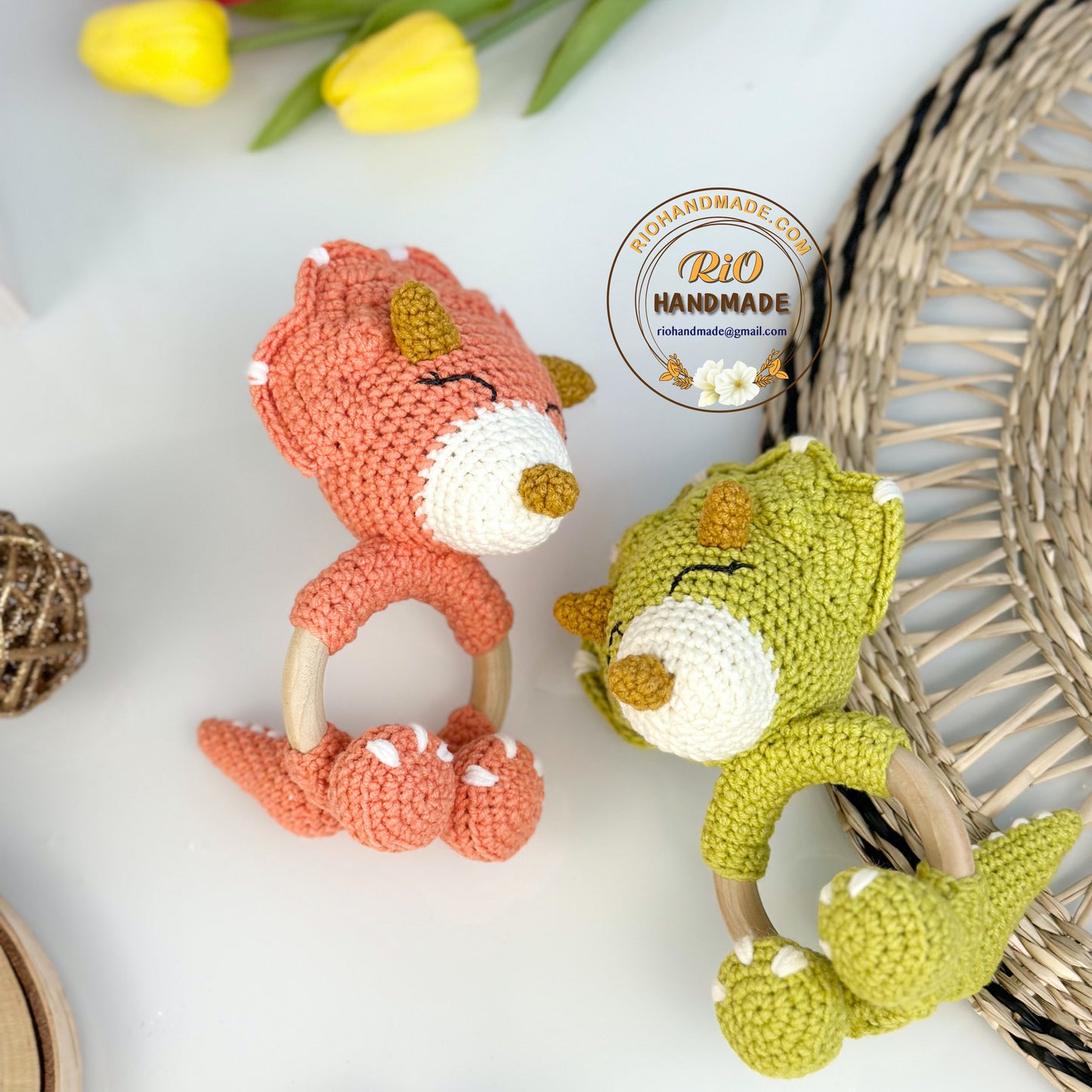 Crochet Triceratops rattle, Baby Crochet Rattle Gift, Baby Shower Gift