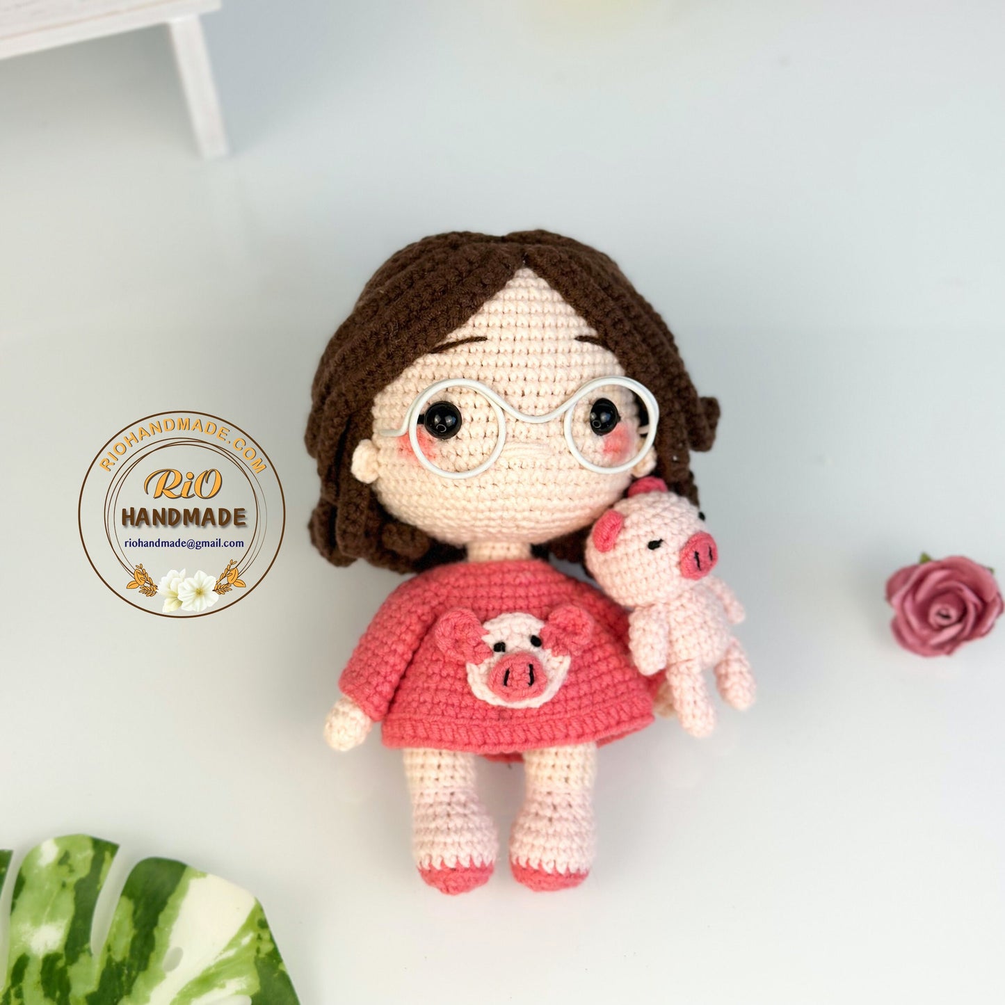Handmade yarn cotton piggy doll crochet, amigurumi piggy doll with toy, cute gift, soft toy for toddler, kid, adult hobby