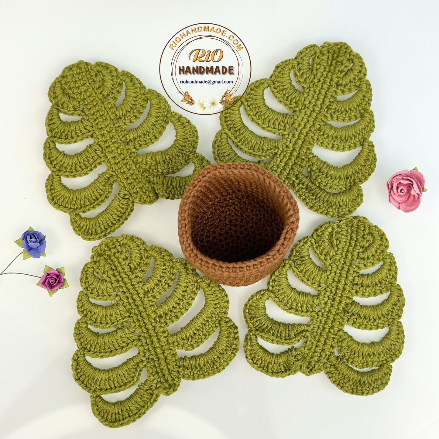 Crochet Monstera Leaf Coaster, Monstera Leaf Coaster Set and Pot, Housewarming Gift, Home Decor, Gift For Mom, Gift For Teacher,TikTok Viral